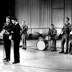April 1960. This is Joe B., J. I. and me with The Everly Bros. on the Alma Cogan show in London. From there we toured England and Scotland. It was my first trip there and I've been in love with the place ever since. While there, I was drafted and missed reporting for duty on April 15th. My draft board was red hot over that one. When I got back, I went in to face the music. The lady in charge gave me a real good tongue lashing, but then softened and allowed me to go with the Everlys to Australia. I reported for duty on June 14, 1960. the crickets backing up the everly brothers