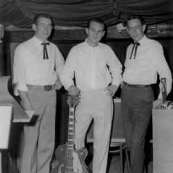 Autumn 1957. This was at the Navajo Hogan Club in Colorado Springs, Colorado. A D. J. friend got me the gig and I worked there from the beginning of September until the first week in December. Pictured are the drummer (whose name, I regret to say, I don't remember) and Doug Rice, the piano player. We played from 9 to 12:30, six nights a week. We had an eclectic audience. They liked everything from Hank Williams to Cole Porter and we tried to accommodate them. This gig was really good for my chops and my repertoire grew exponentially. By the way, I loved Colorado Springs. sonny at a gig in 1957