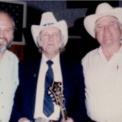 ca 1988. Pete and me, hangin’ out with our idol, Bill Monroe. We had just seen Bill and the Bluegrass Boys do a terrific show. Hog Heaven doesn’t even come close. sonny and brother pete hanging out with bill monroe