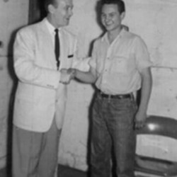 ca 1954. This is me with Red Foley. I was a big fan of his when I was growing up and I'm really proud of this picture. He had a unique voice and really shined on songs like "Alabama Jubilee" and "Chattanooga Shoeshine Boy." His "Peace In The Valley" is one of the best gospel records of all time. I especially liked Grady Martin, Red's guitar player. Sonny meeting Red Foley