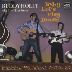 Buddy Holly - Baby Let's Play House
Limited Edition 10" Vinyl LP
Includes the tracks "Baby Let's Play House," "Bo Diddley," "Blue Monday," "Good Rockin' Tonight," "Rip It Up/Brown-Eyed Handsome Man," "Honky Tonk," "Blue Suede Shoes," "Shake, Rattle & Roll" and "Holly Hop."
The picture on this album cover was taken April 10, 1956. We were opening for Elvis Presley at the Fair Park Coliseum in Lubbock, Texas. Buddy is playing Elvis' D-18 Martin, I'm playing Buddy's Stratocaster and Don Guess (out of picture) is playing Bill Black's bass. Jerry Allison is playing DJ Fontana's drums and that is Jerry Allison peeking over them in the back.
John Beecher, owner of Rollercoaster Records, has put ten early Buddy Holly recordings on vinyl for this unique compilation. I personally think this album is a collectors item.
For many years now, John has made records, books and Rock and Roll memorabilia available to the world.
Visit his website at www.rollercoasterrecords.com. album cover for baby lets play house